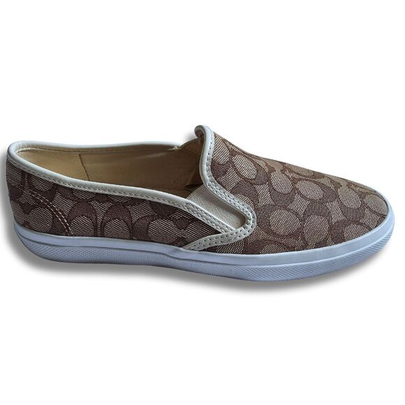 Coach Chrissy Sneakers 9.5 Beige Brown Jacquard Signature C Slip-On Shoes Loafer - Picture 1 of 11